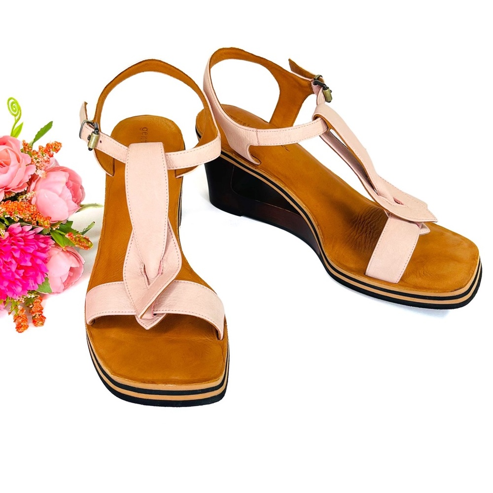 Gentle Souls Pine Heart Blush Pink Leather Wedge Sandals Size 10
